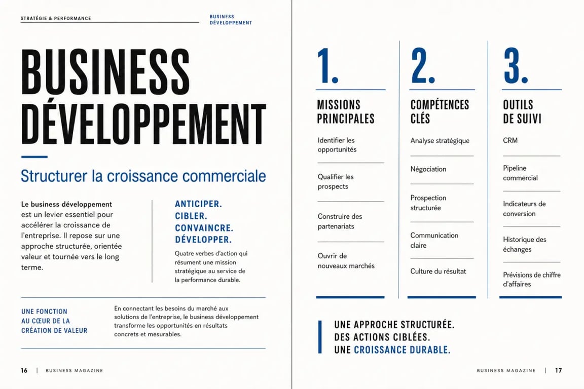 Business développement : visuel éditorial sur les missions, compétences et outils du métier