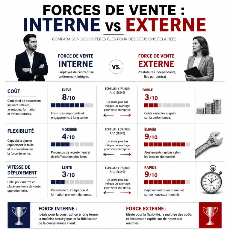 Comparatif visuel entre force de vente interne et externalisation de la force de vente