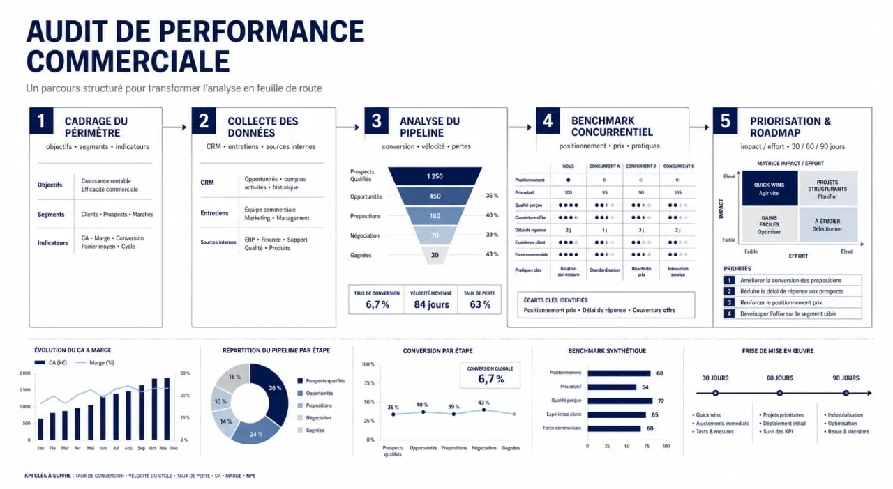 Guide de l’audit de performance commerciale en entreprise : schéma des étapes de l’audit et du plan d’action