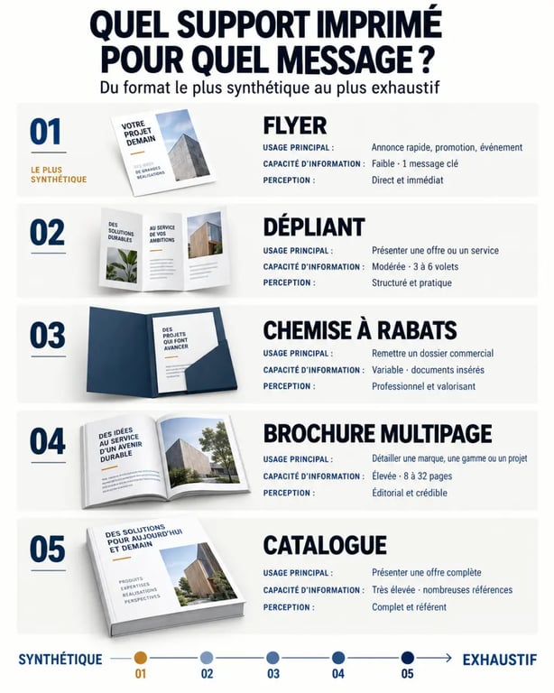 Brochure commerciale et comparaison des formats flyer, dépliant, chemise à rabats et catalogue