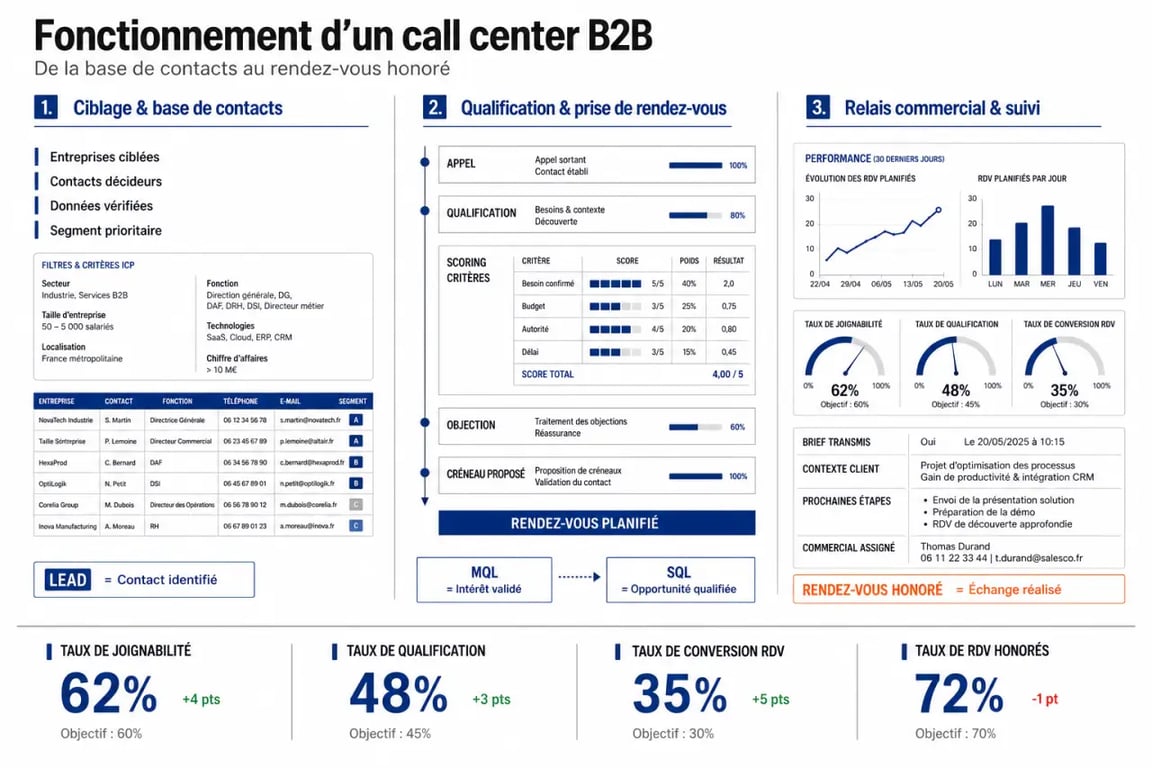 Call center B2B : schéma éditorial du ciblage, de la qualification et des KPI
