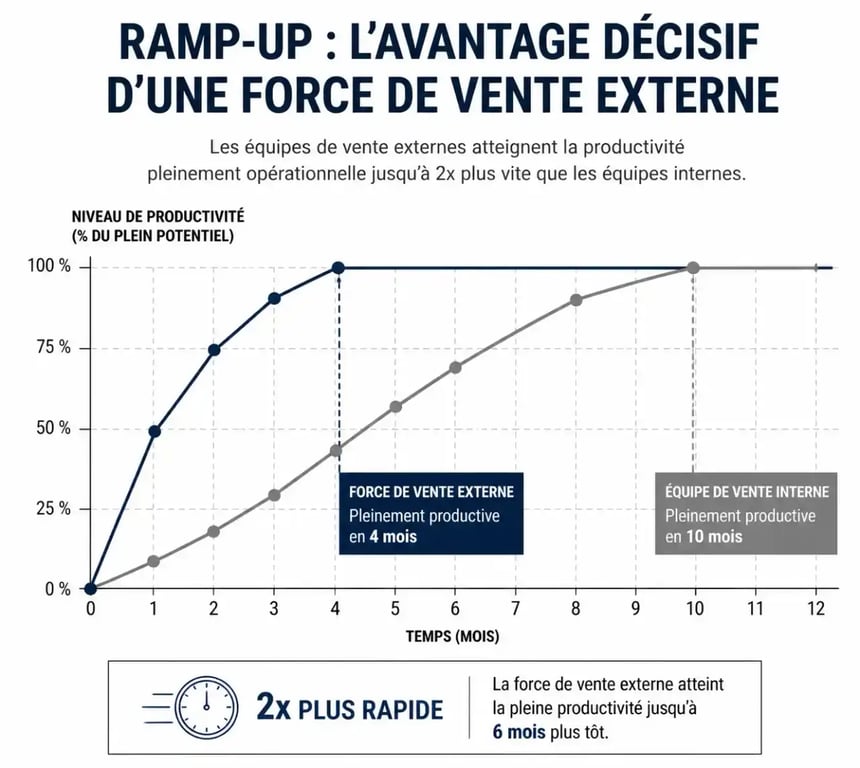 Graphique comparatif du temps de montée en compétence (ramp-up) entre équipe interne et externalisation de la force de vente