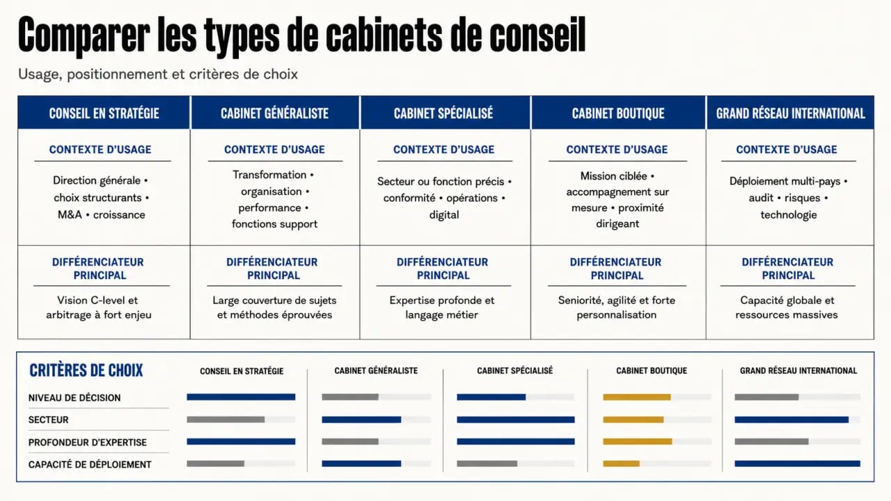 Cabinet de conseil : comparaison des types de cabinets et critères de choix