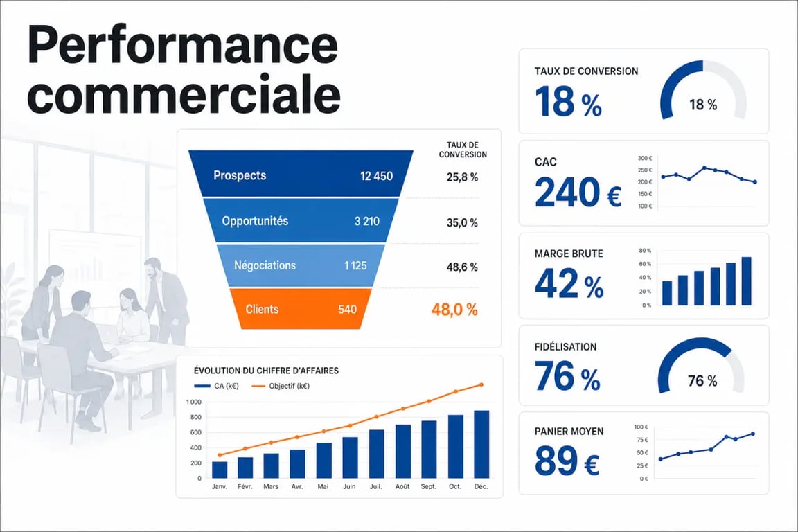 Infographie sur les performances commerciales avec tableau de bord, funnel et KPI de vente