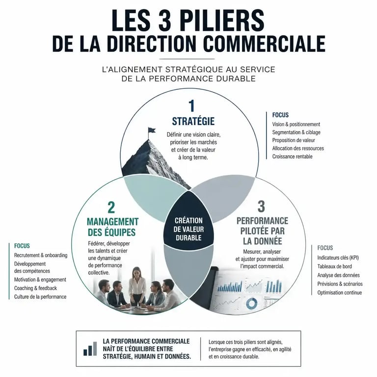 Schéma des piliers de la direction commerciale : stratégie, management et pilotage par la donnée