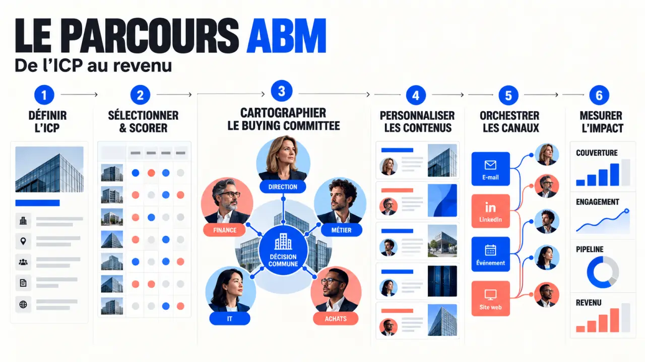 Infographie du parcours de l’ABM en marketing, du ciblage des comptes à la mesure du pipeline