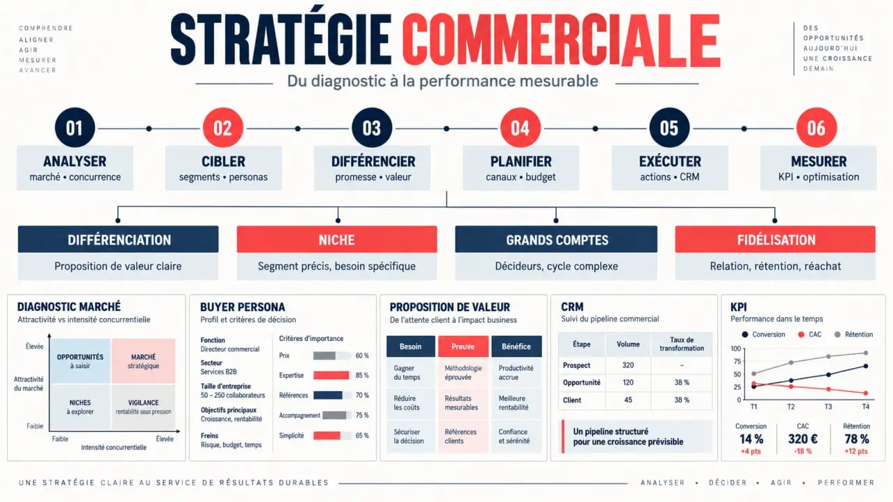 Infographie de stratégie commerciale exemple présentant les étapes et les principales approches