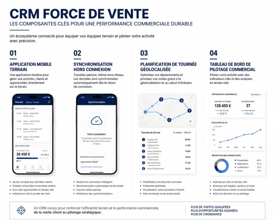 Schéma des fonctionnalités clés d'un CRM force de vente : mobilité, mode hors connexion, tournées et pilotage