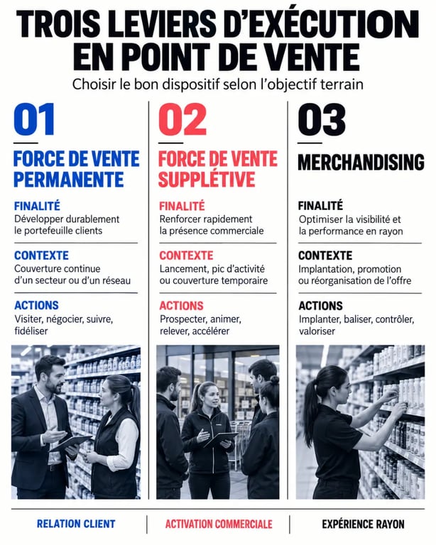Infographie sur une agence de force de vente supplétive comparée à une force de vente permanente et au merchandising