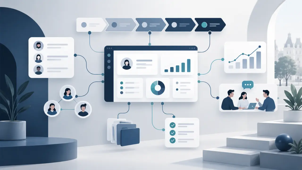 Tableau de bord CRM commercial affichant un pipeline de ventes et des indicateurs de performance