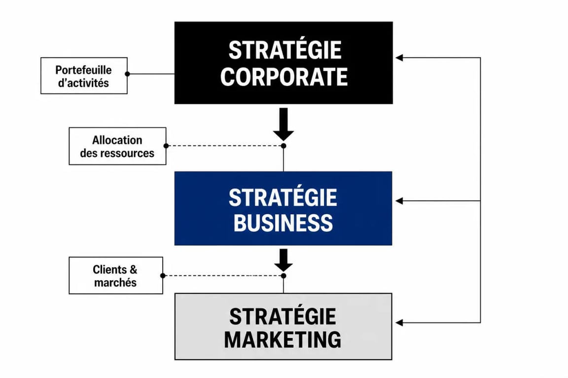 Corporate stratégie : schéma hiérarchique entre corporate, business et marketing