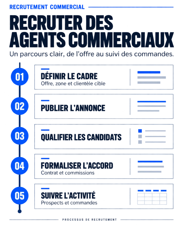 Infographie du parcours pour recruter des agents commerciaux, de la publication de l’offre au suivi des commandes