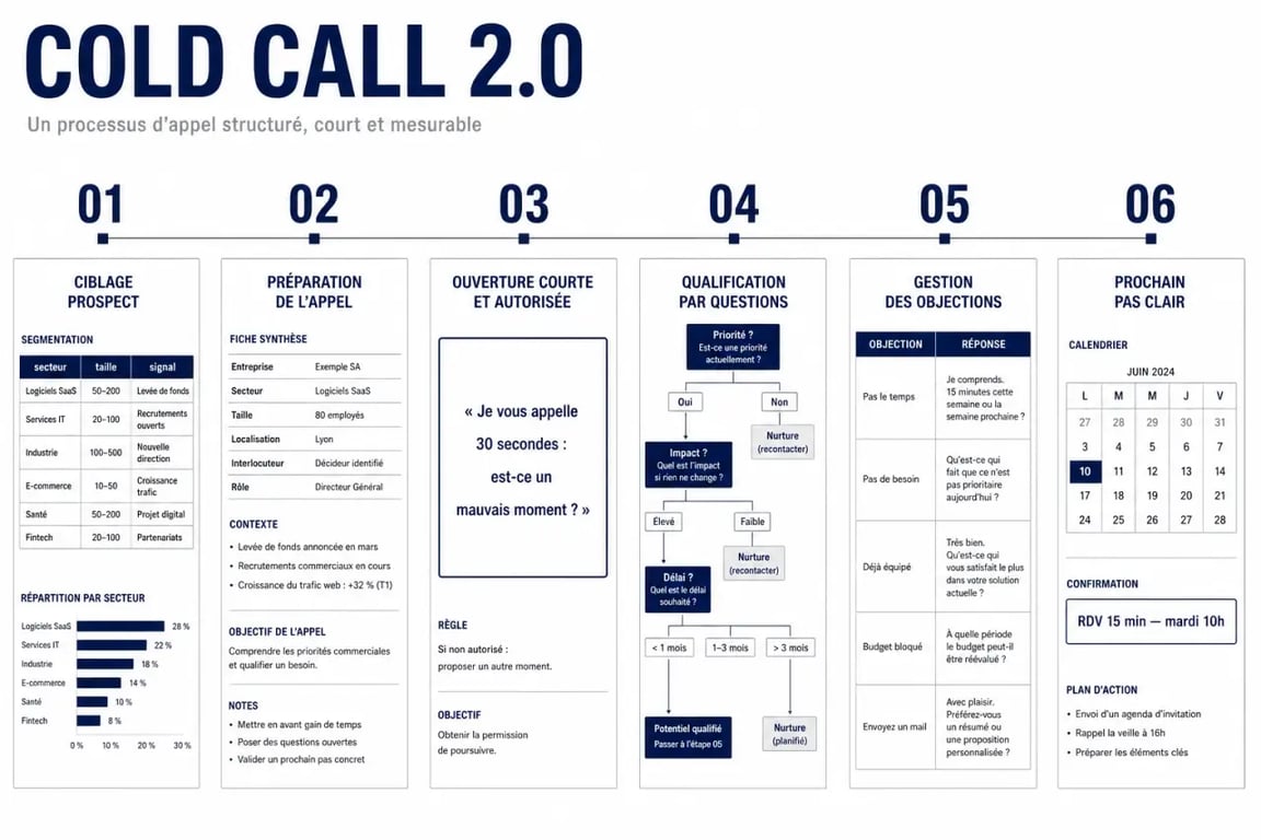 Prospection commerciale technique cold call 2.0 illustrée par un process en étapes pour préparer et conduire un appel