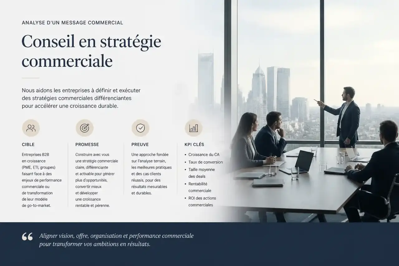 Analyser un message commercial en entreprise : cible, promesse, preuve et KPI