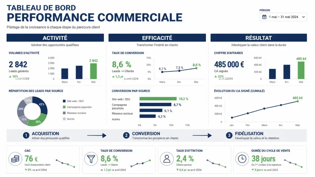 Tableau de bord de performance commerciale avec KPI d’activité, de conversion, de CAC et de fidélisation