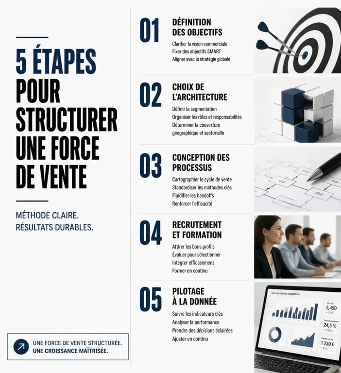 Infographie des 5 étapes pour structurer une force de vente efficace