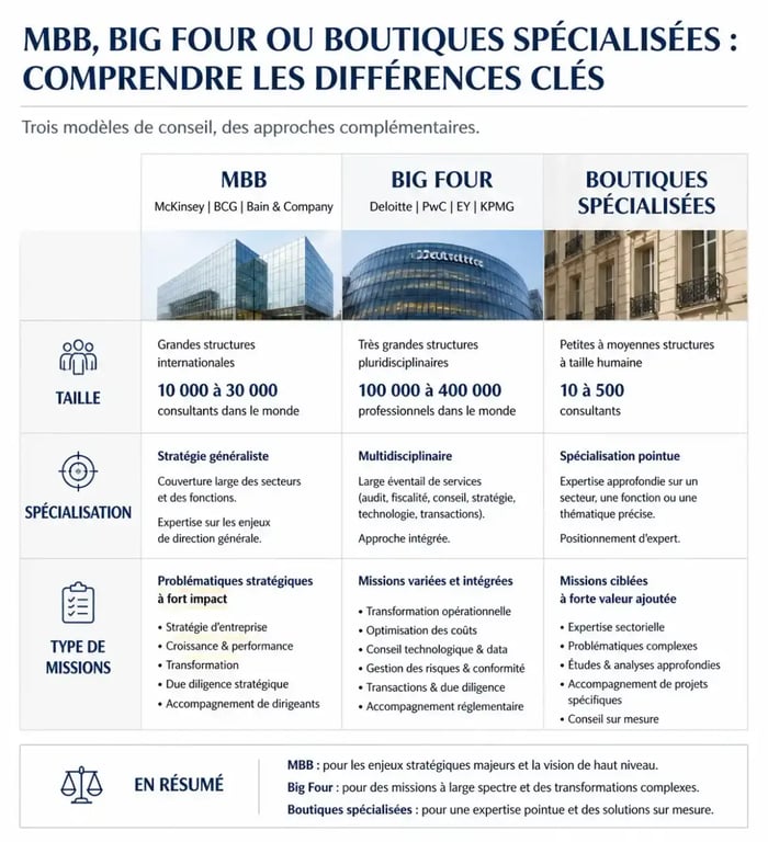 Comparatif des cabinets de conseil en stratégie : MBB, Big Four et boutiques spécialisées