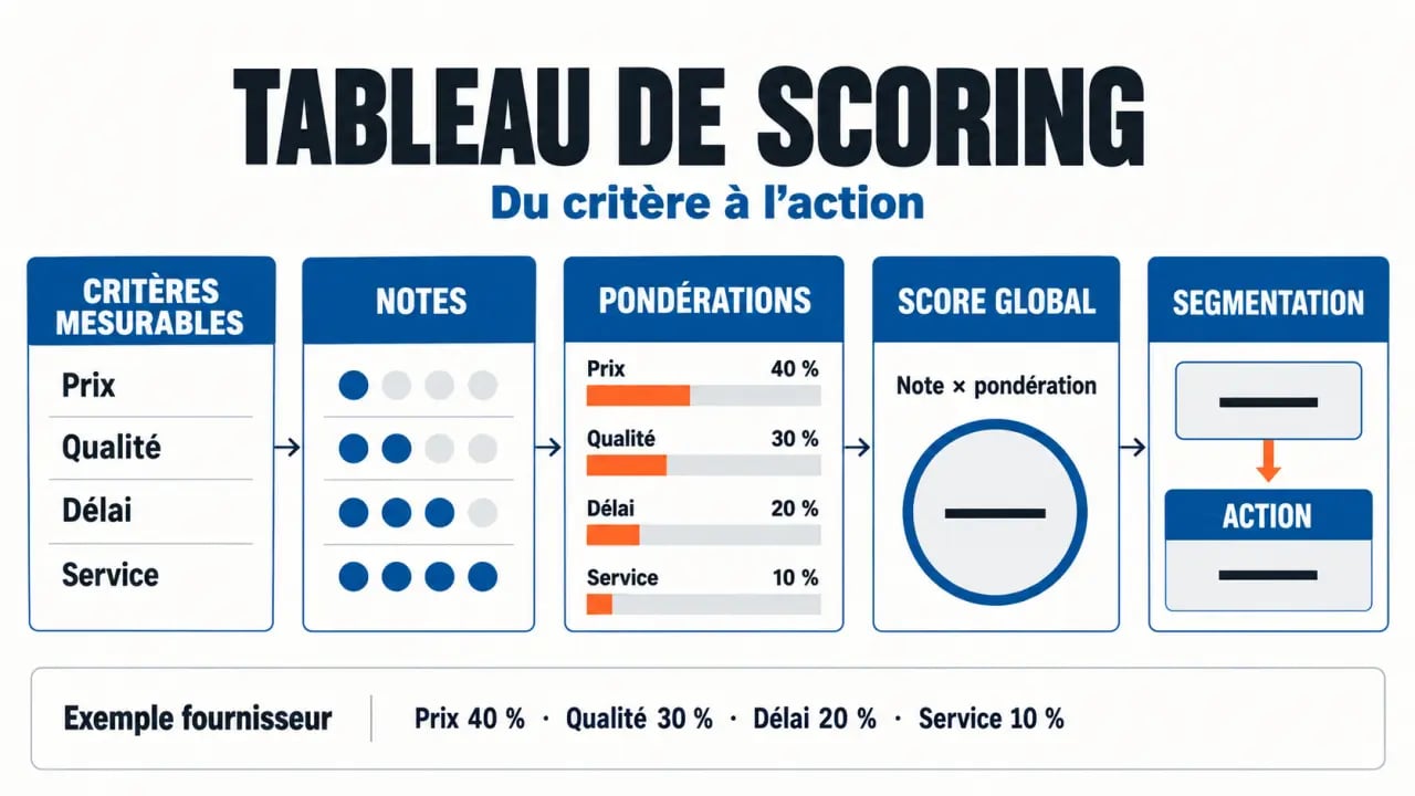 Infographie du tableau de scoring avec critères, pondérations, score global et action