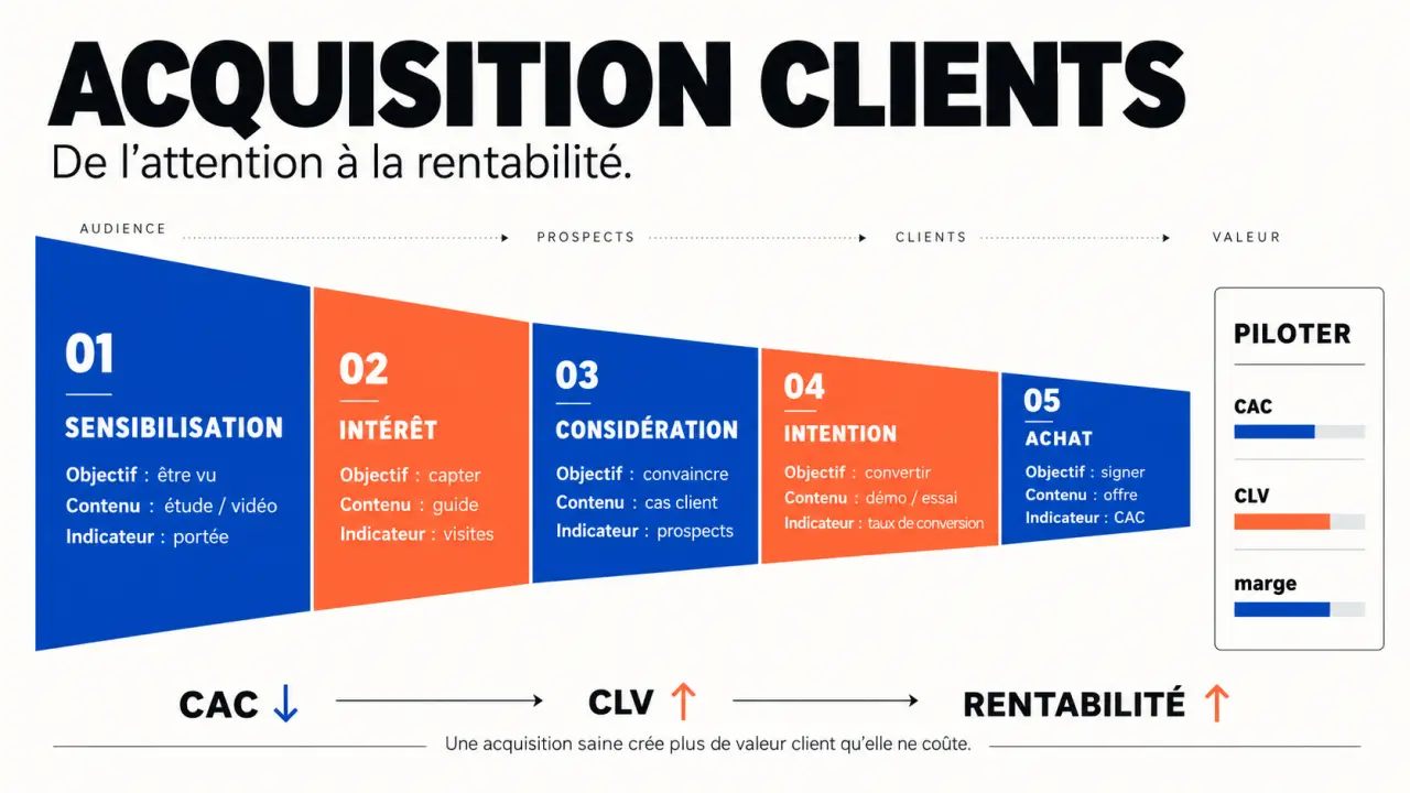 Infographie sur l’acquisition clients com avec entonnoir de conversion, CAC et CLV