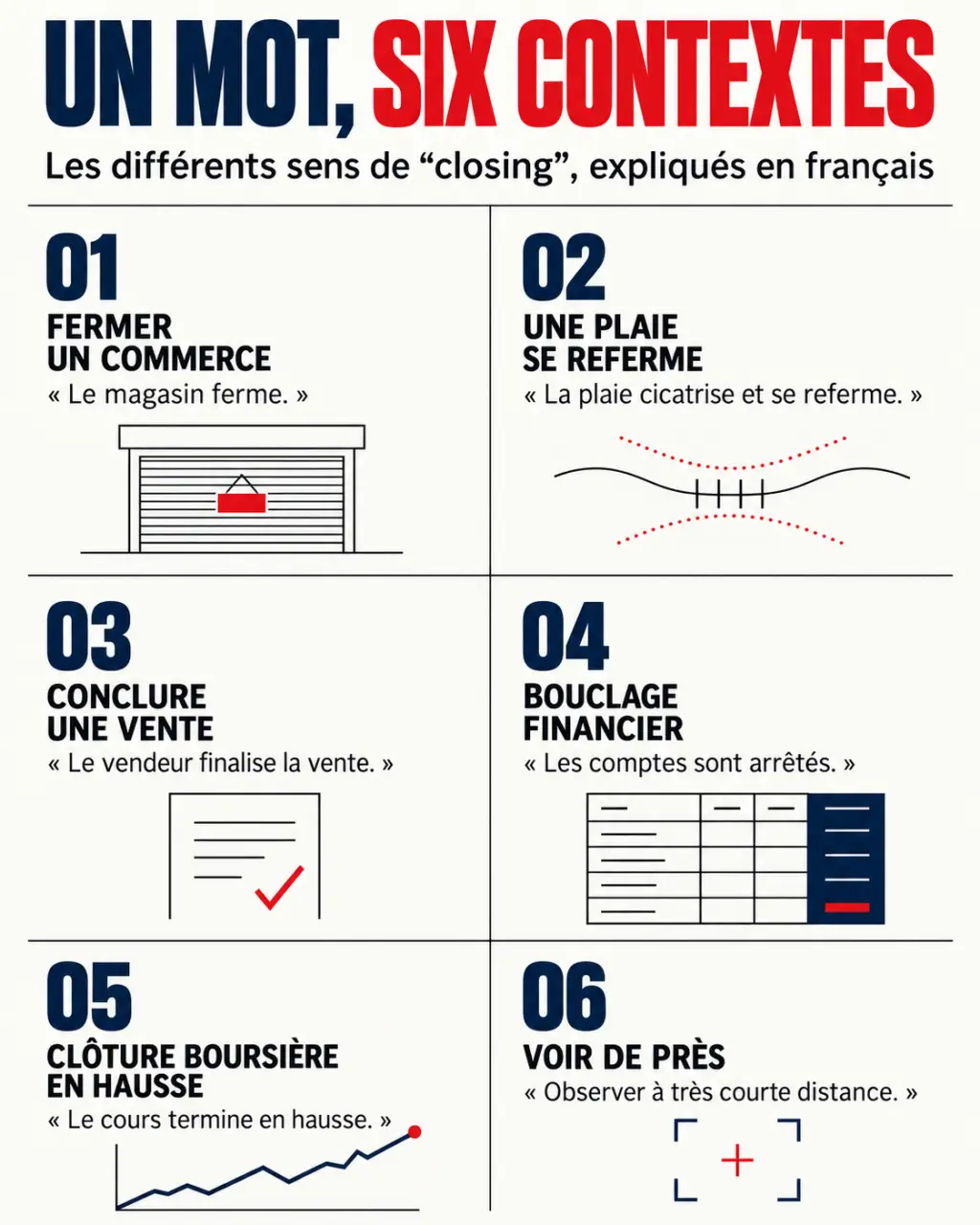 Infographie sur up closing et les différents sens de closing up, closing et up close