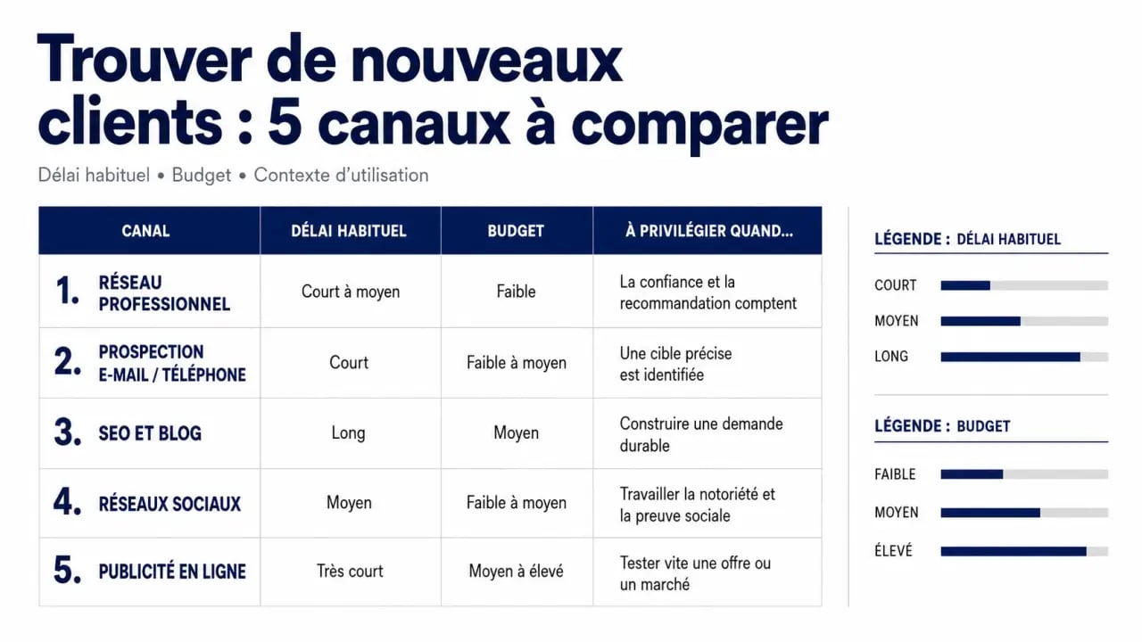 Infographie pour trouver de nouveaux clients comparant les canaux d’acquisition
