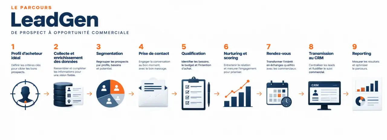 Schéma du parcours de méthode de prospection commerciale LeadGen, du profil d'acheteur idéal au reporting, pour évaluer un avis sur Leadgen Evolution