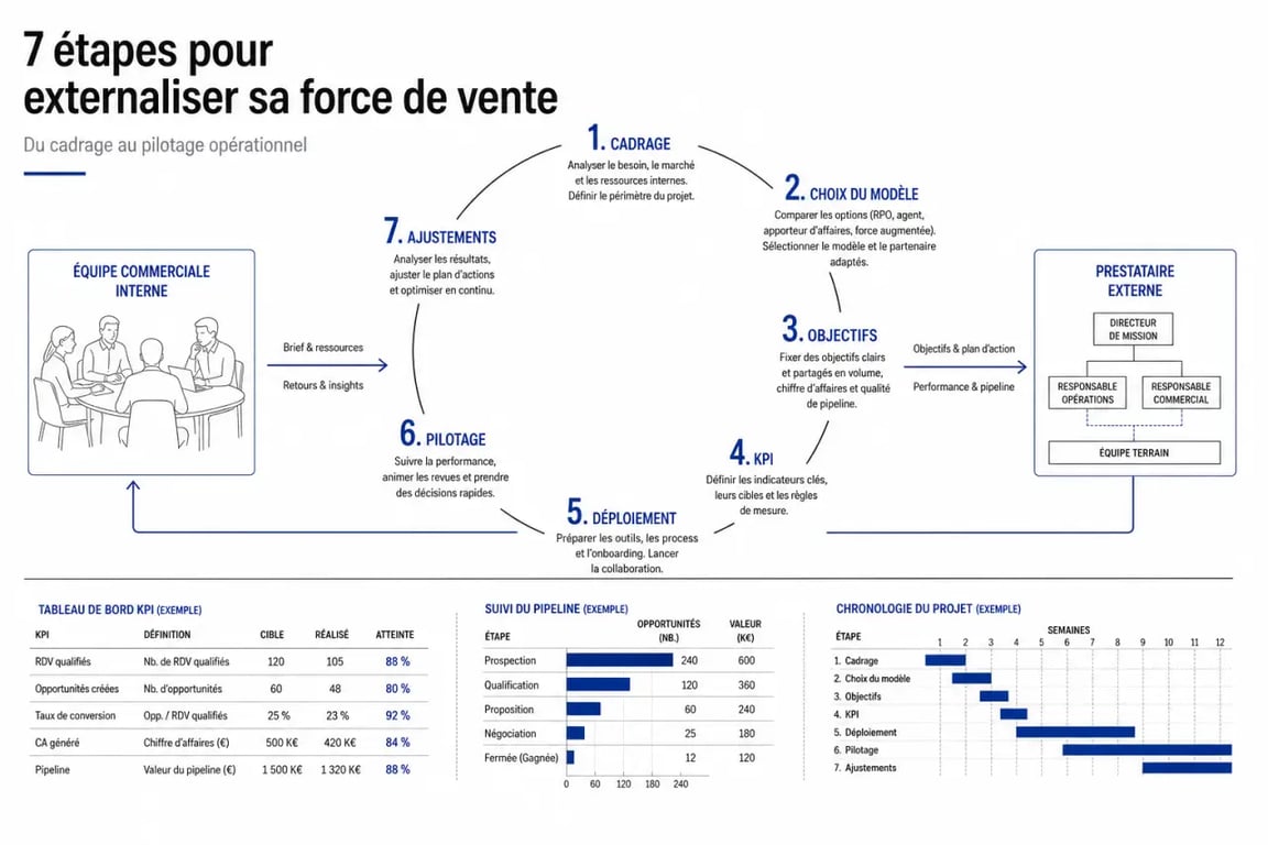 Les étapes pour externaliser sa force de vente illustrées dans un cycle projet