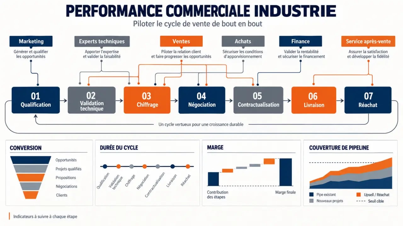Infographie du guide de performance commerciale industrie et du cycle de vente industriel