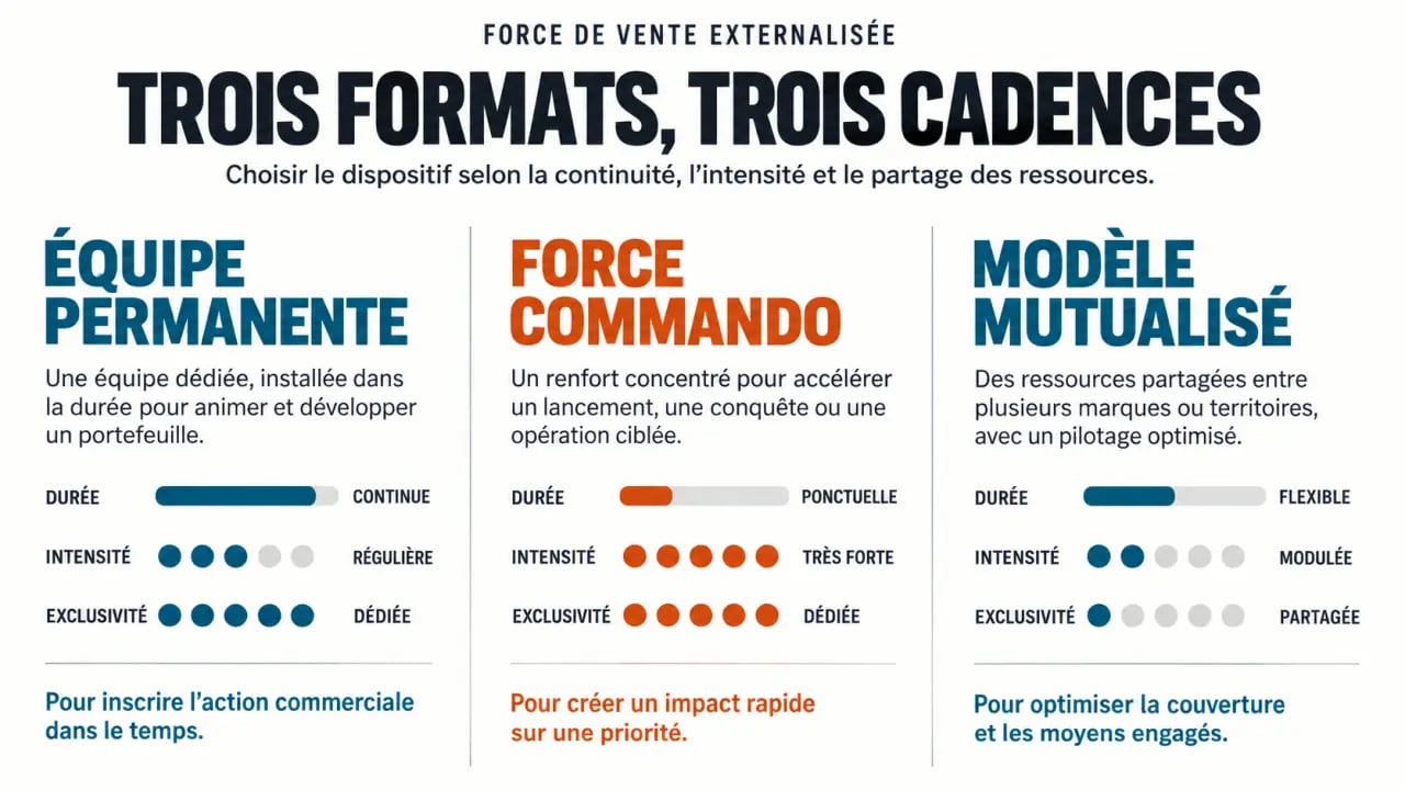 Infographie sur l’externalisation force de vente et les formats permanent, commando et mutualisé