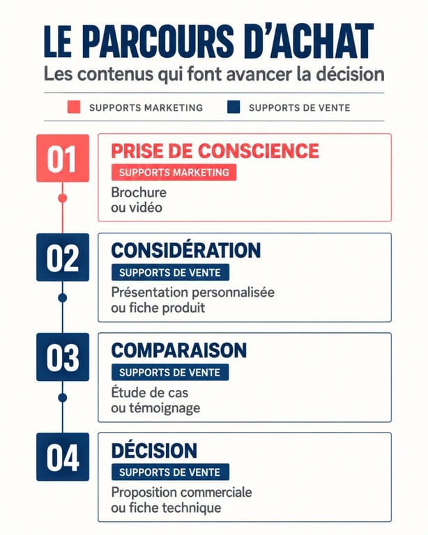 Infographie sur les supports de vente selon les étapes du parcours d’achat