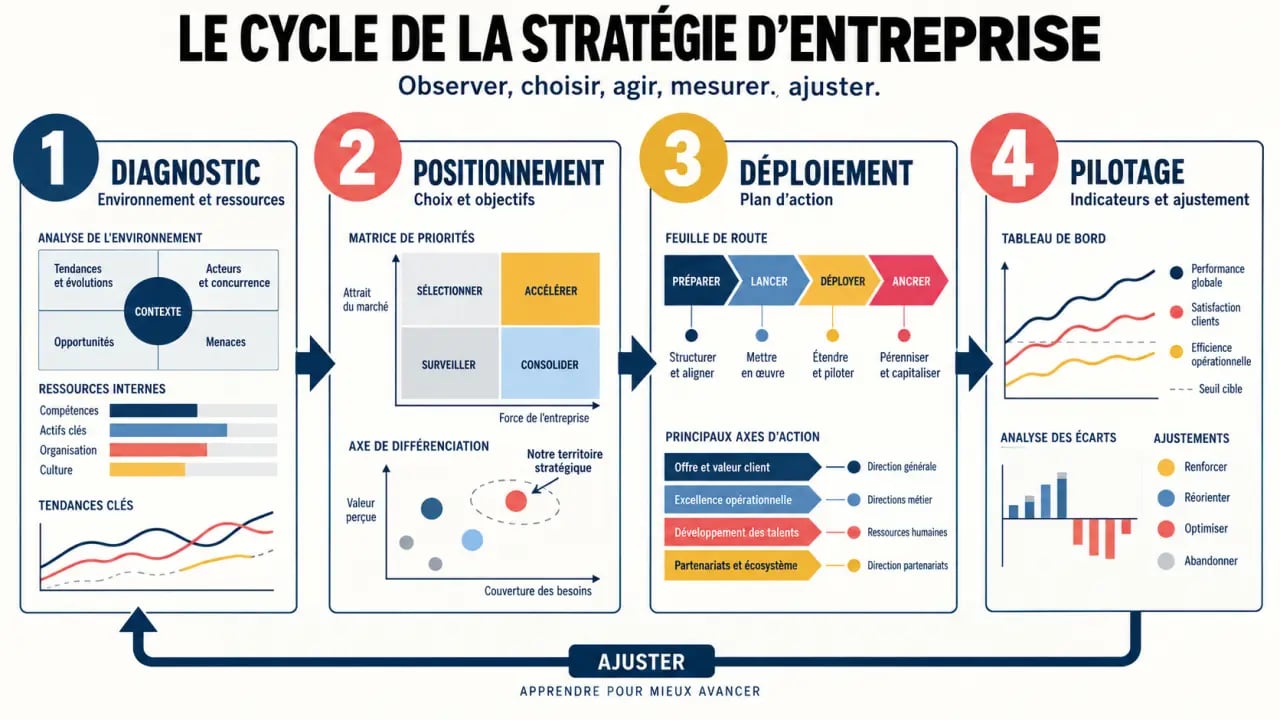 Schéma du cycle de la stratégie d’entreprise : diagnostic, choix, déploiement et pilotage