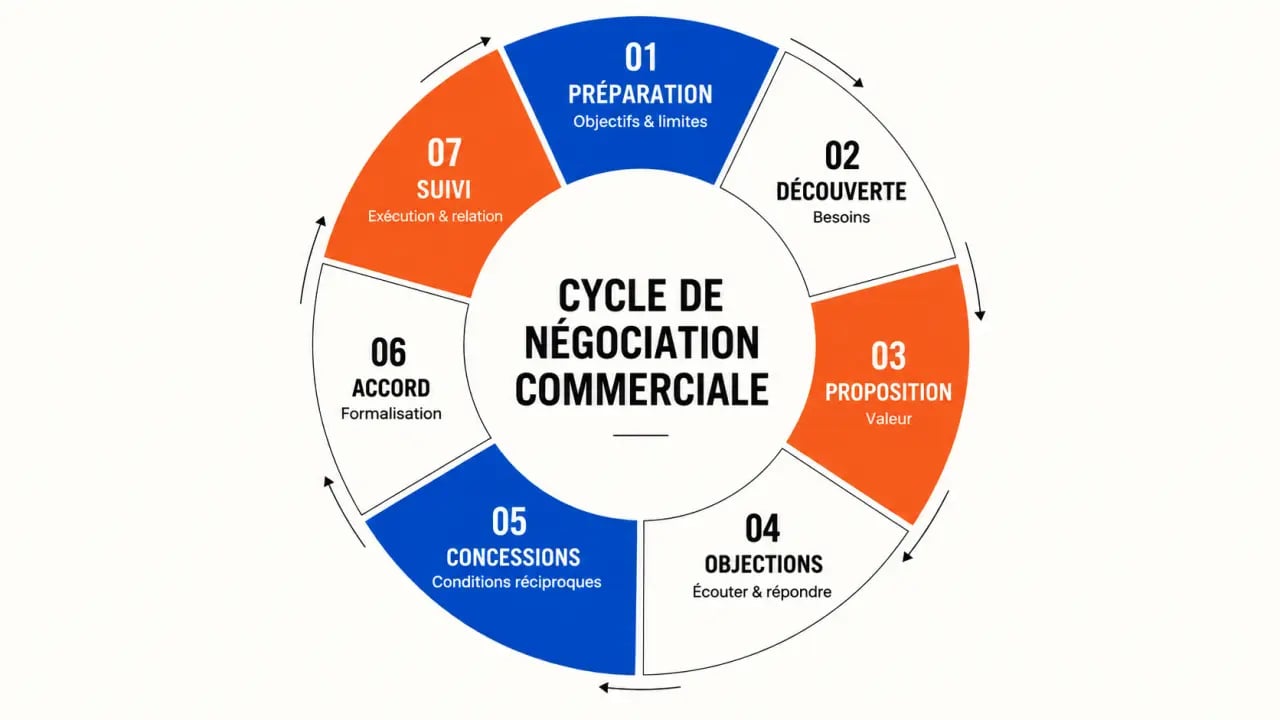 Infographie du cycle d’une négociation commerciale, de la préparation au suivi de l’accord