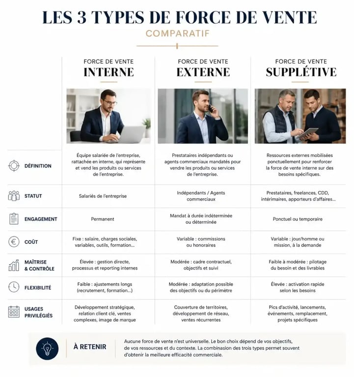 Comparatif des 3 types de force de vente : interne, externe et supplétive