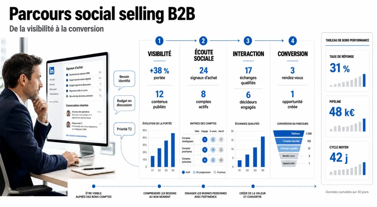 Pourquoi le social selling est devenu indispensable pour les commerciaux B2B : schéma éditorial du parcours visibilité, écoute, interaction et conversion