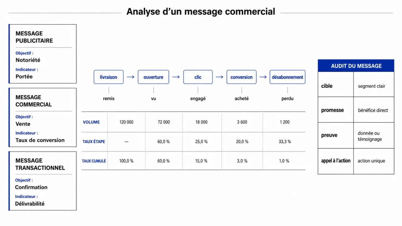 Analyse entreprise message commercial : schéma des types de messages et de la chaîne KPI
